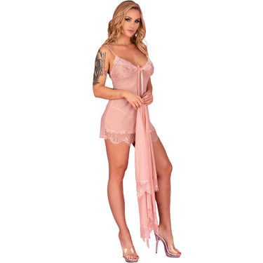 Lingerie Rosa Elegante Babydoll e Perizoma in Tulle e Pizzo S